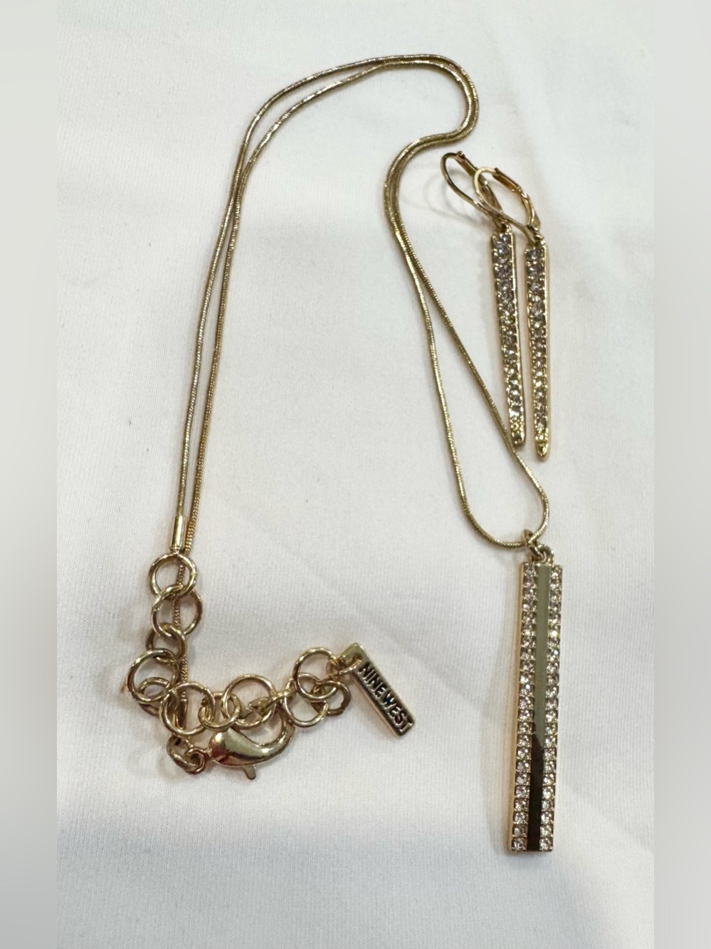 Nine West Gold-Tone Crystal Bar Pendant Necklace and Earrings Set SKU 115